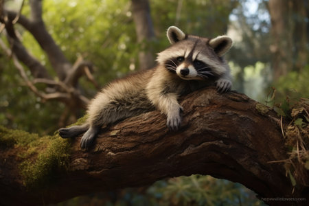 Raccoon sitting on a branch in the forest. Wildlife scene.の素材
