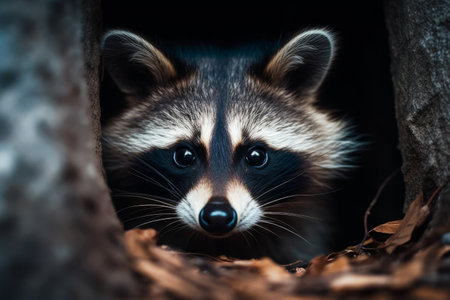 Portrait of a raccoon in the dark, close-upの素材