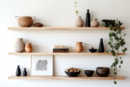 Wooden shelves with ceramic vases and vases on white wallの素材