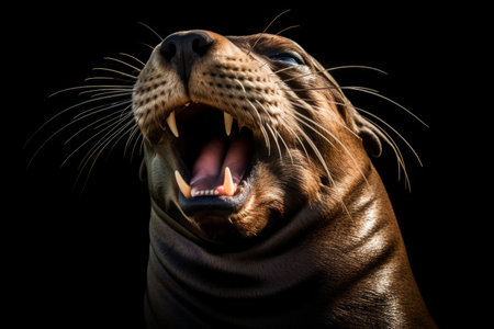 portrait of a sea lion with open mouth on a black backgroundの素材