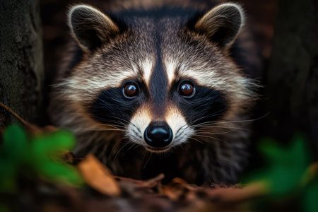 Portrait of a raccoon in the forest. Animal theme.の素材