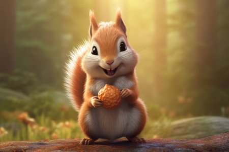 Cute squirrel with nut in the forest. 3D render.の素材