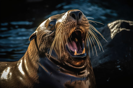 Close-up of a sea lion with open mouth showing his teethの素材