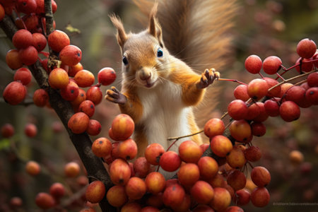 Squirrel on a branch with red berries in the autumn forest.の素材