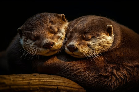 Two Asian small-clawed otters, one of them sleepingの素材
