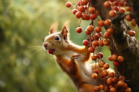 Squirrel on a tree branch with red berries in the autumn forestの素材