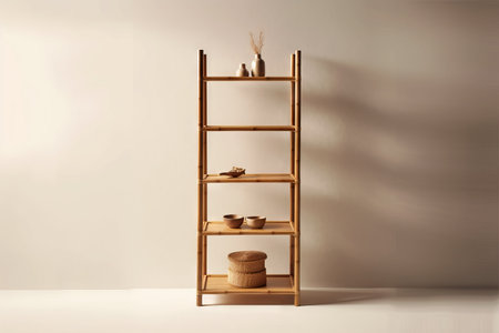 Wooden shelf with vases on the wall. 3d renderingの素材