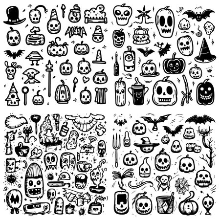 Halloween doodle set. Hand drawn vector illustration. Isolated on white background.のイラスト素材