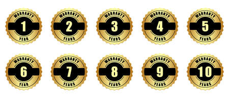 Set of 10 years warranty badge gold metallic sticker logoのイラスト素材