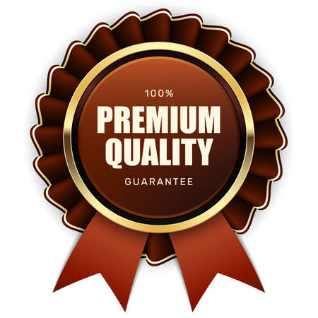 100% premium quality guarantee badge ribbon gold brown metallic luxury logoの写真素材