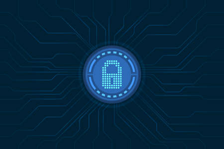 Blue light data lock icon and circle circuit digital on dark background cyber security technology conceptのイラスト素材