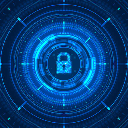 Blue light data lock icon and circle circuit digital on dark background cyber security technology conceptのイラスト素材