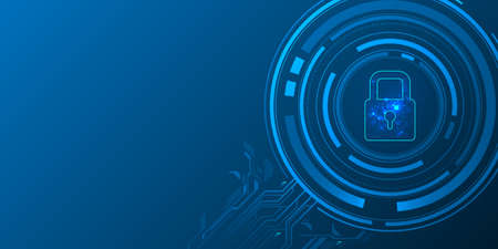 Blue light data lock icon and circle circuit digital on dark background cyber security technology...
