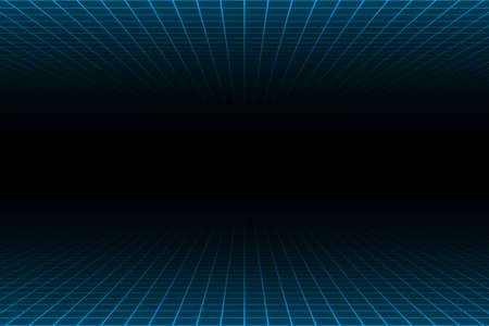 One point perspective blue light over and under grid on dark 90s background, retro technology concept.のイラスト素材