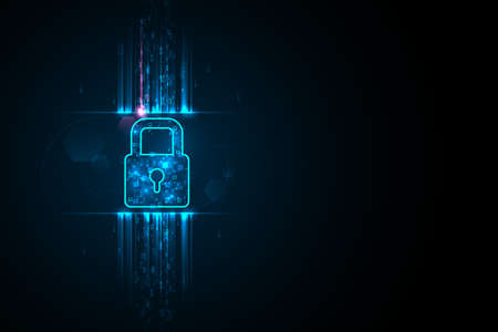 Cyber security illustration lock symbol and scatter blue light pixel data on dark background presentationのイラスト素材