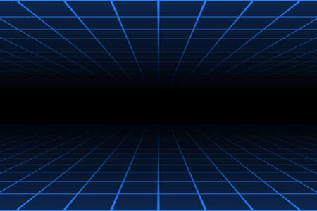 One point perspective blue light over and under grid on dark 90s background, retro technology concept.のイラスト素材