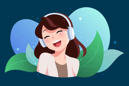 Young woman listen music with headphone and feel joyful flat cartoon design leaves abstract...