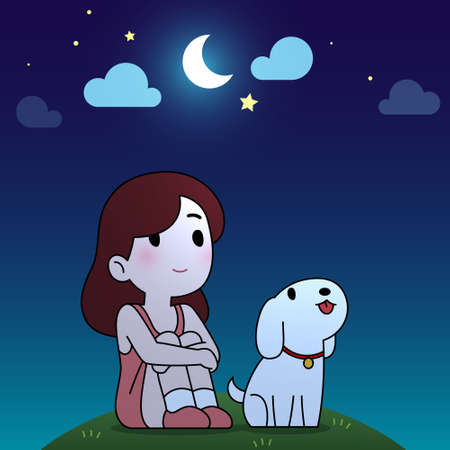 Girl and puppy sitting and look up to the moon in night sky cartoon background with copy spaceのイラスト素材