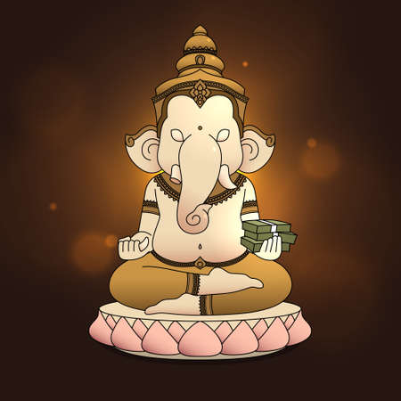 Ganesha hold money cartoon style on gold background illustrationのイラスト素材