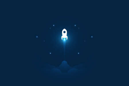 White rocket with jet move forward on dark blue space and up arrows startup business growth conceptのイラスト素材