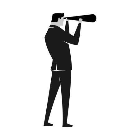 Businessman looking by telescope vector, minimalist style, simple and flat design, black and white color.のイラスト素材