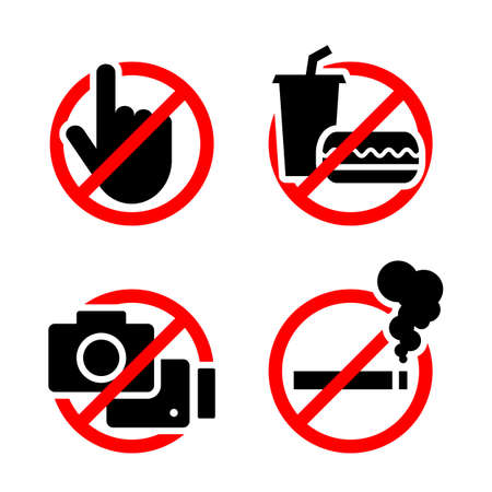 Prohibition sign vector collection. No touch, no food or drink, no take photo and video record and...