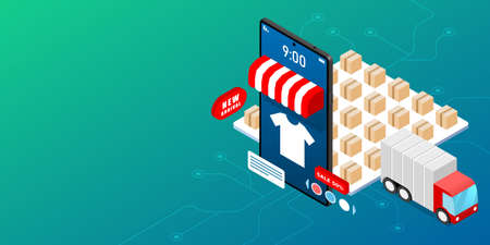 Online store and stock logistics system isometric illustration with copy spaceのイラスト素材