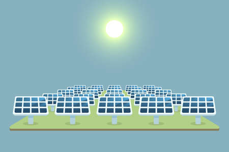 Solar cell farm landscape one point perspective isometric.