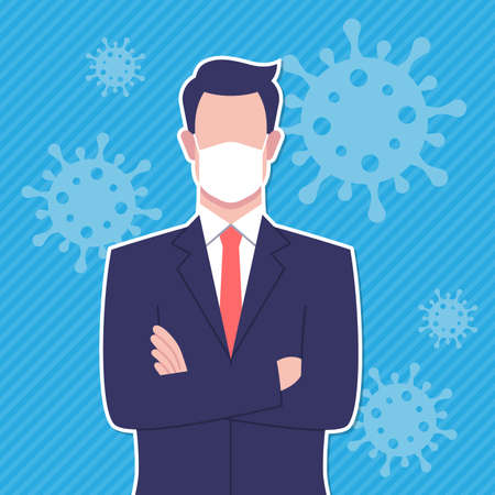Portrait businessman arms crossed with mask on virus blue illustration background copy spaceのイラスト素材