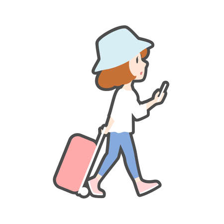 Cute female traveler walking with baggage, cartoon character vector.のイラスト素材