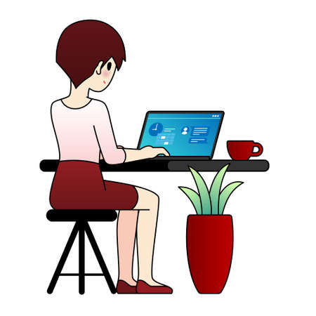 Woman sitting and working with laptop illustrationのイラスト素材