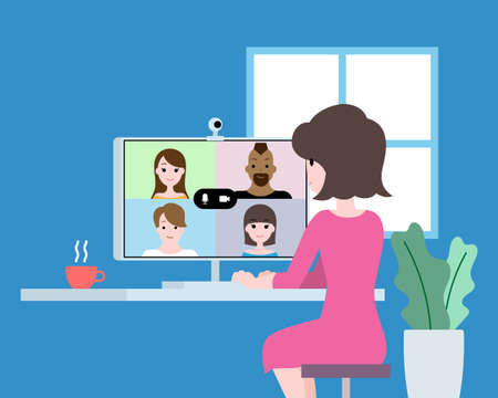 Work from home illustration video call group conference online communicationのイラスト素材