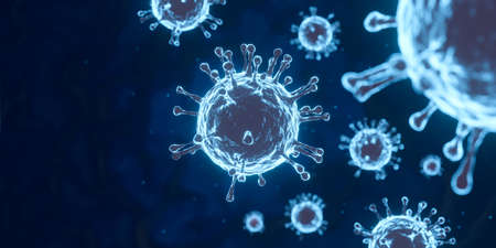 Coronavirus microscope 3D virus illustration dark blue background with copy space