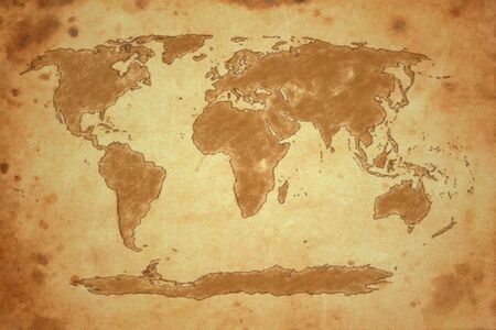 world map on old brown paperの写真素材