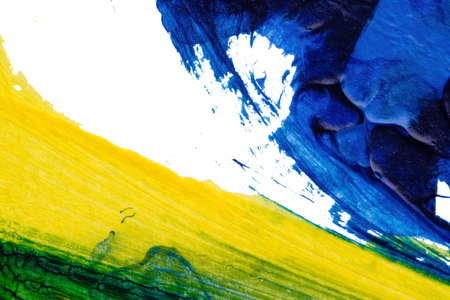 blue green yellow abstract acrylic painting color texture on white paper background by using rorschach inkblot methodの写真素材