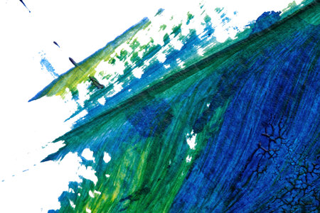 blue green yellow abstract acrylic painting color texture on white paper background by using rorschach inkblot methodの写真素材