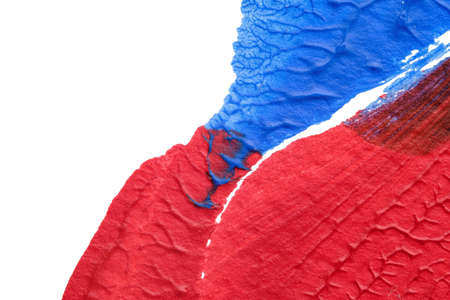 blue purple red yellow abstract acrylic painting color texture on white background by using inkblot methodの写真素材