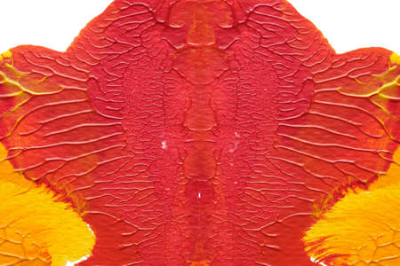 red yellow abstract acrylic painting color texture on white paper background by using rorschach inkblot methodの写真素材
