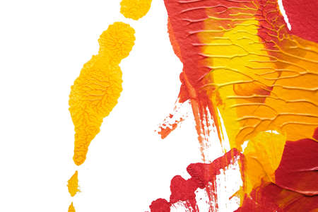 red yellow abstract acrylic painting color texture on white paper background by using rorschach inkblot methodの写真素材