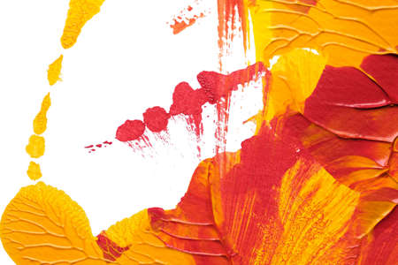 red yellow abstract acrylic painting color texture on white paper background by using rorschach inkblot methodの写真素材