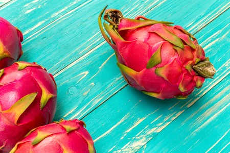 Dragon Fruit, Tropical, Fruit from Asia on Blue Wooden Background