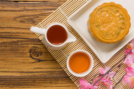 Mooncake Background. Traditional Mooncake for Teaの写真素材
