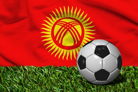 Soccer Ball on Grass with Kyrgyzstan Flag Background, 3D Renderingの写真素材