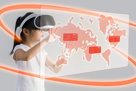 VR or Virtual Reality for Education Concept Illustrated by Asian Child Wearing VR Headsetの写真素材