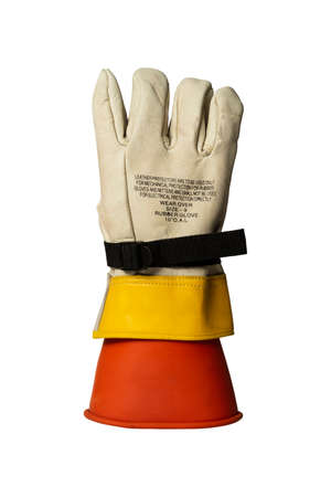Low Voltage Leather Linesman Protector Glove isolated on white backgroundの写真素材