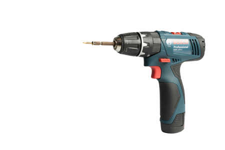 Ubon Ratchathani, Thailand -June 19,2019:Bosch power electric drill generation GSB 120 LI in isolated on white background, Close-up hand holding electric drill in isolated white backgroundのeditorial素材