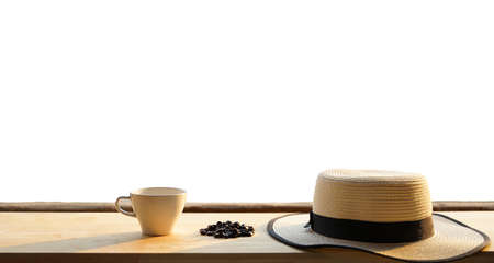 White cup of  Coffee and coffee cups on table isolated white backgroundの写真素材