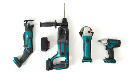 top view including tools Battery drill, cutter, impact drill isolated on white background.