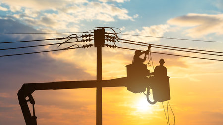 Silhouette electrician work at height on crane to make electrical connections. High voltage electrical system.の写真素材