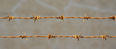 Barbed wire fence on blurred background. Close-up.の写真素材